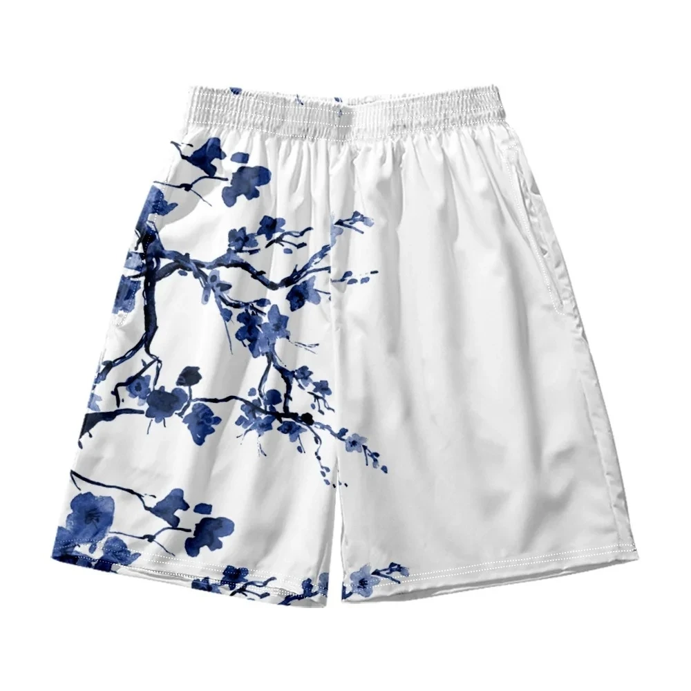 

Blue Plum Blossom Print Men White Track Shorts Streetwear Casual Baggy Shorts Beach Bermuda Masculina Joggers Shorts