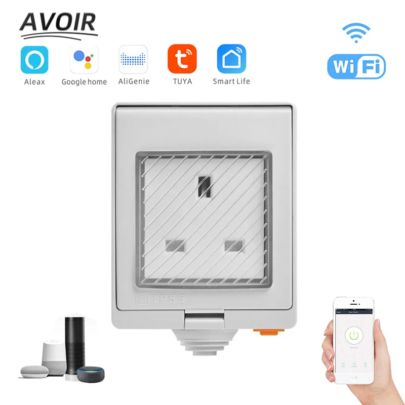 

Avoir IP55 Wifi Smart Power Socket Outdoor Waterproof Wall Electrical Outlet UK Plug PC Material Work With Alexa Google Home