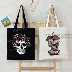 Women Vintage Skull Print Shoulder Bag Harajuku Gothic Skeleton Canvas Tote Bags Men Reusable Shopping Bag Fashion Lady Handbags