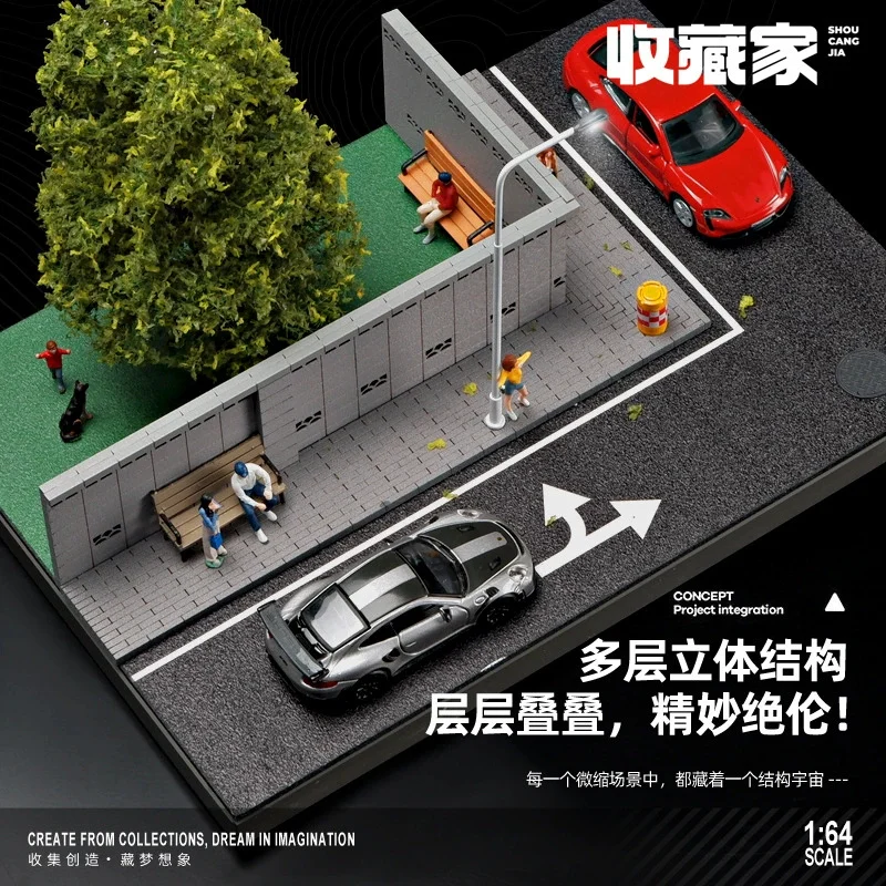 1:64 Scale Simulation Road Street Fence Wall Tree Parking Lot Diorama Light Version Garage for Cars Model Display Decor