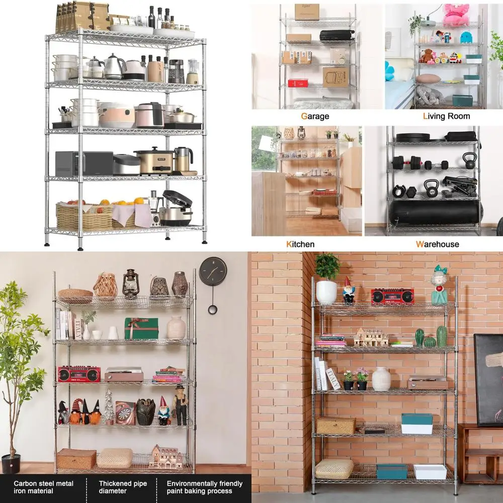 

5-Tier Chrome Storage Rack - 48 L x 20 W x 72 H Heavy Steel Shelves, 350 lbs Capacity, Ideal for Pantry, Warehouse, Closet, Kitc