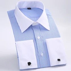 Mens Classic French Cuff Striped Dress Shirt with Chest Pocket Standard-fit Long Sleeve Party Wedding Shirts (Cufflink Included)