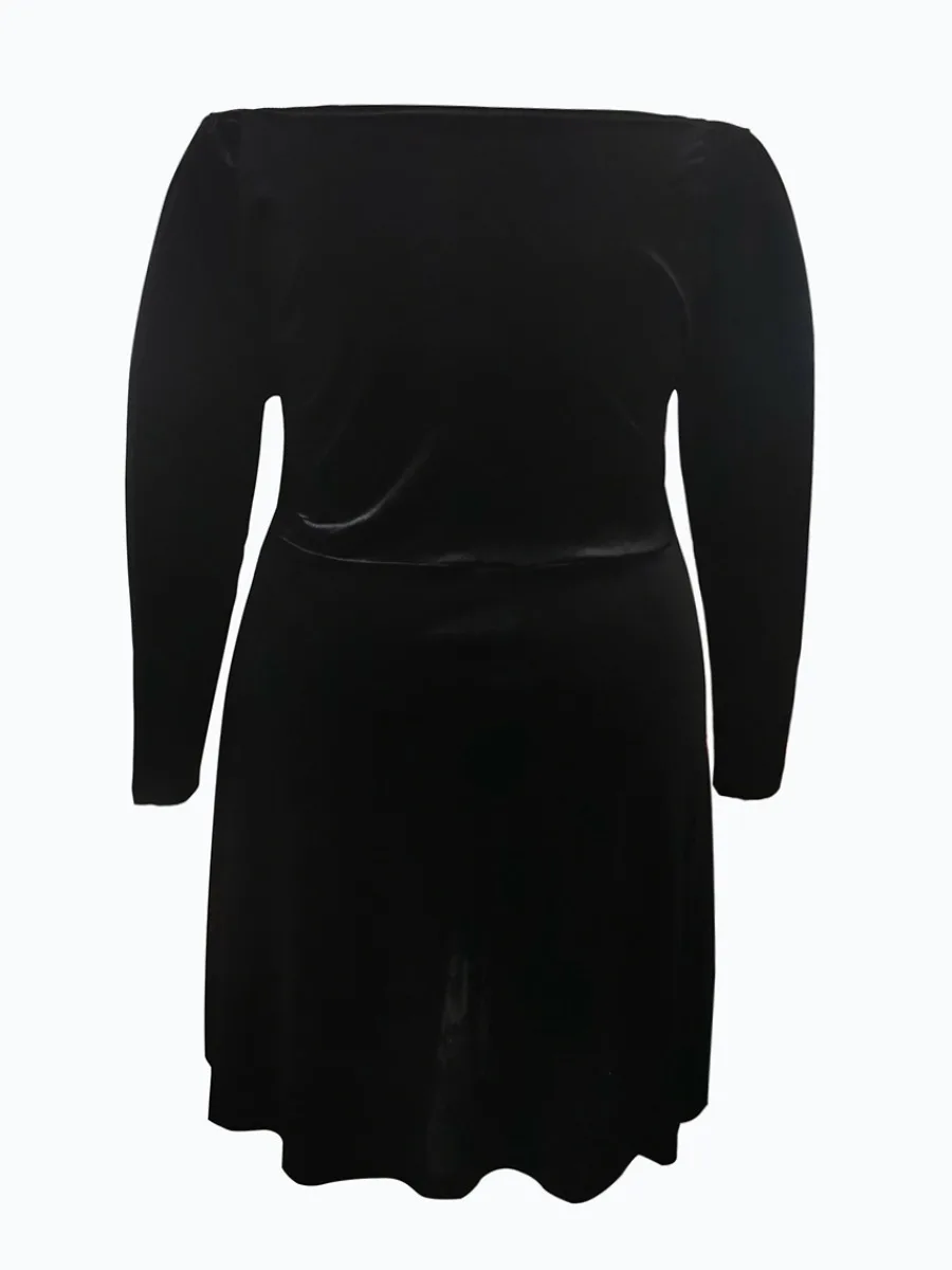 LW Elegant Velvet V Neck Plain A Line Flare Dress Long Sleeve Surplice Neck Nipped Waist Medium Stretch Mini Wrap Skirt