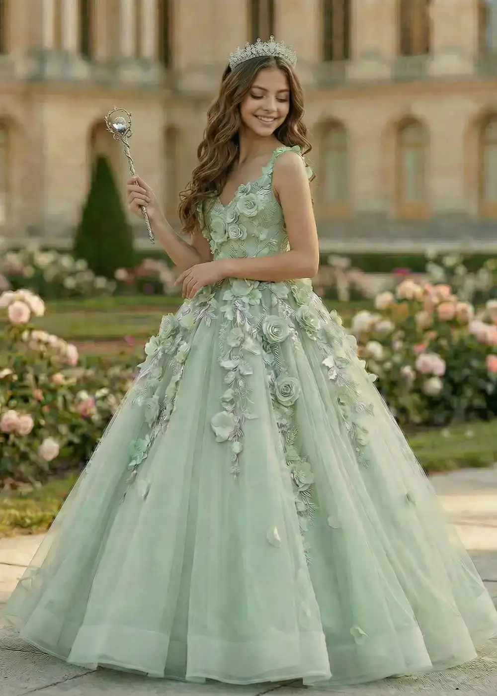 Customized 3D Floral Mesh Flower Girl Dress Light Luxury Embroidered Spaghetti Strap Princess Dress 2026 Girls Catwalk Party