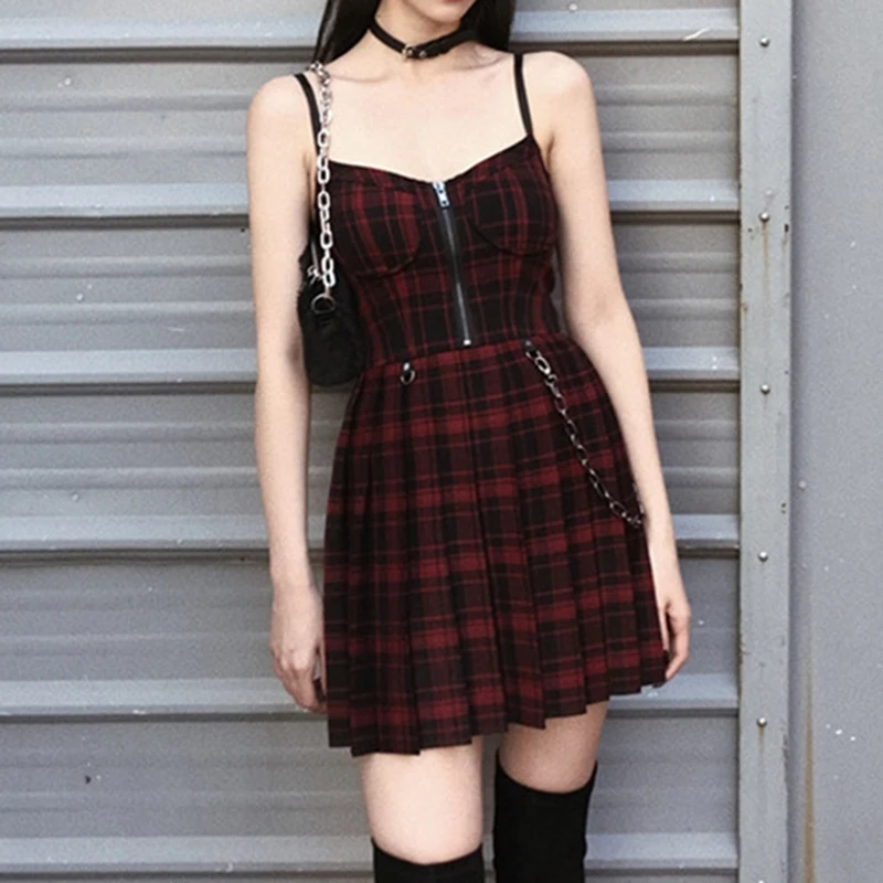 

Gothic Girls Plaid Pleated Y2k Dress Punk Style Red Black Spaghetti Strap Sexy Sleeveless Mini Short Dresses Goth Streetwear