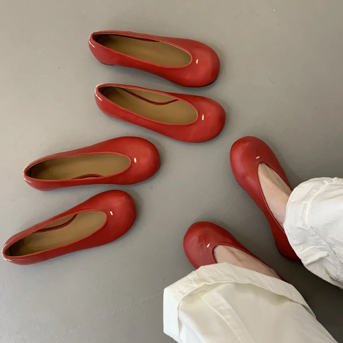 Red Flat Bottom Small Red Scoop Shoe Retro Cute Burgundy  Mary Jane  Luxury Ballet Flat Women's Shoes