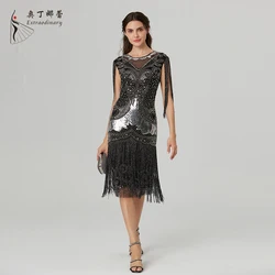 Women Sequins Dress 1920s Fringe Vestidos Vintage Great Gatsby Party Cocktail Dress V-Neck Sequin Embroidery