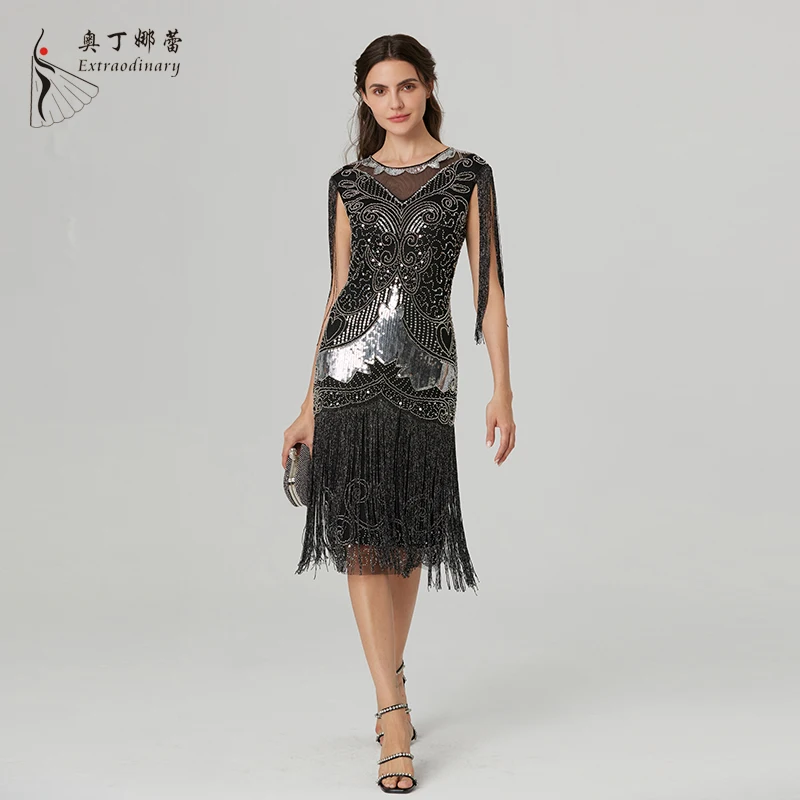 Women Sequins Dress 1920s Fringe Vestidos Vintage Great Gatsby Party Cocktail Dress V-Neck Sequin  Embroidery