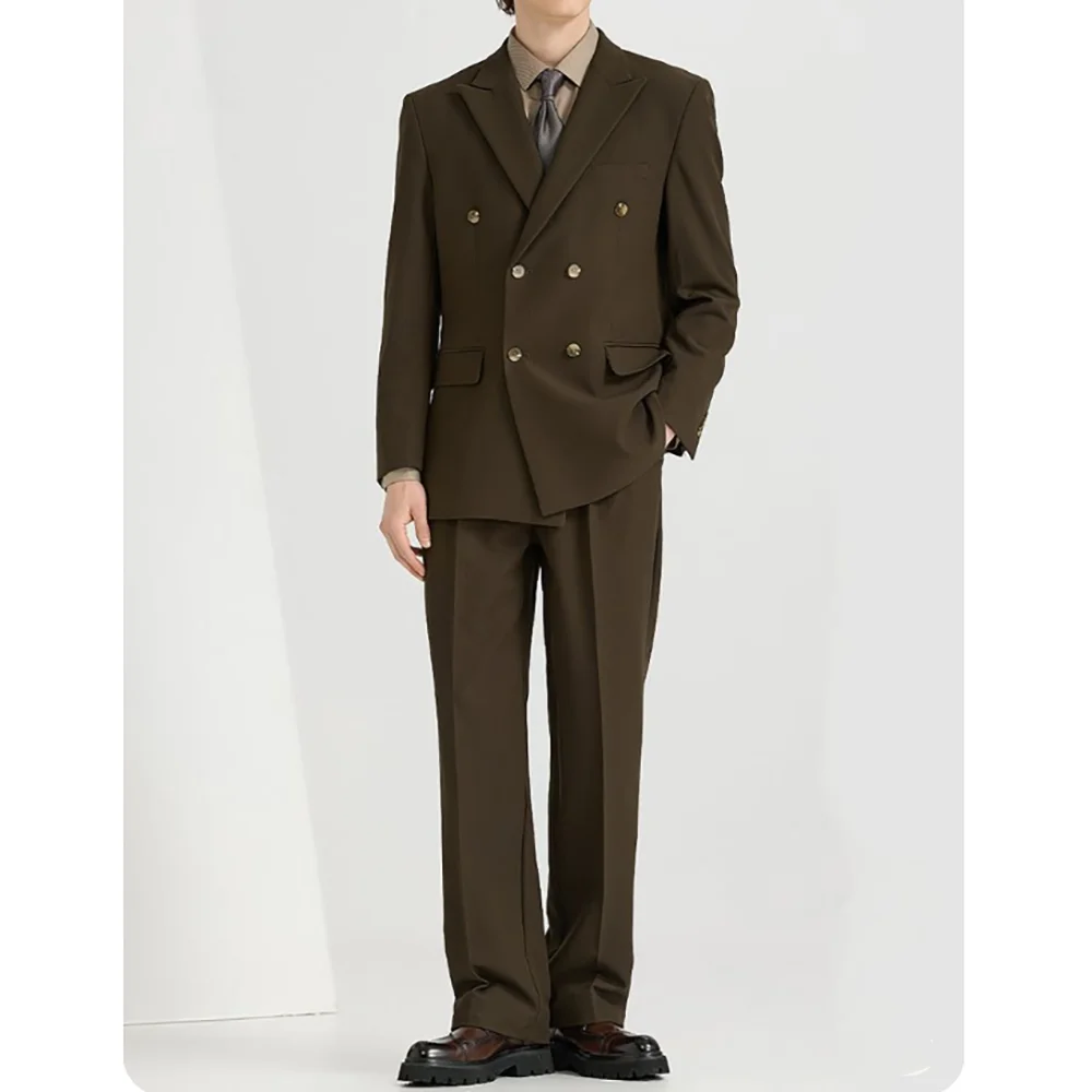 

Brown Men's Suits 2 Piecs Jacket Pants Fashion Business Casual Double Breasted Peak Lapel Male Formal Suits