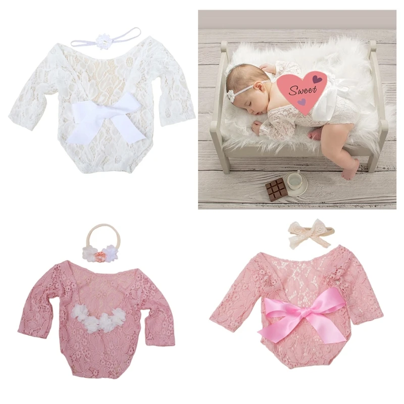 

Newborn Photography Props Baby Lace Rompers with Flower Headband Lightweight Skirt for Girl Princess Birthday Party