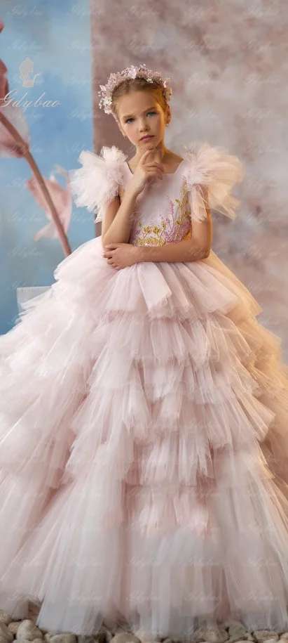 Robe de demoiselle d'honneur en tulle gonflé pour mariage, appliques de princesse, fête d'anniversaire pour enfants, robe de Rhde première communion, rose clair