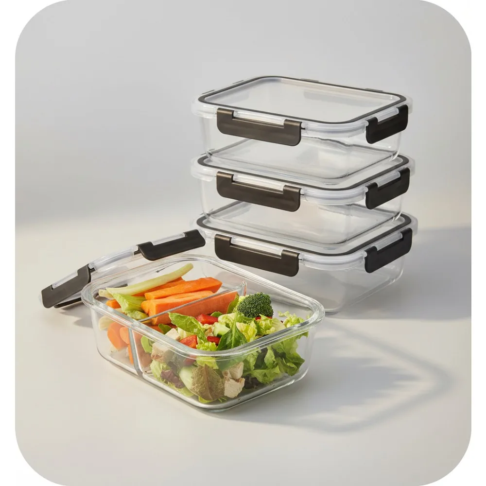 

5-Pack Divided Glass Food Containers with Lids, Airtight Meal Prep Bento Box for Portion Control & Weight Loss