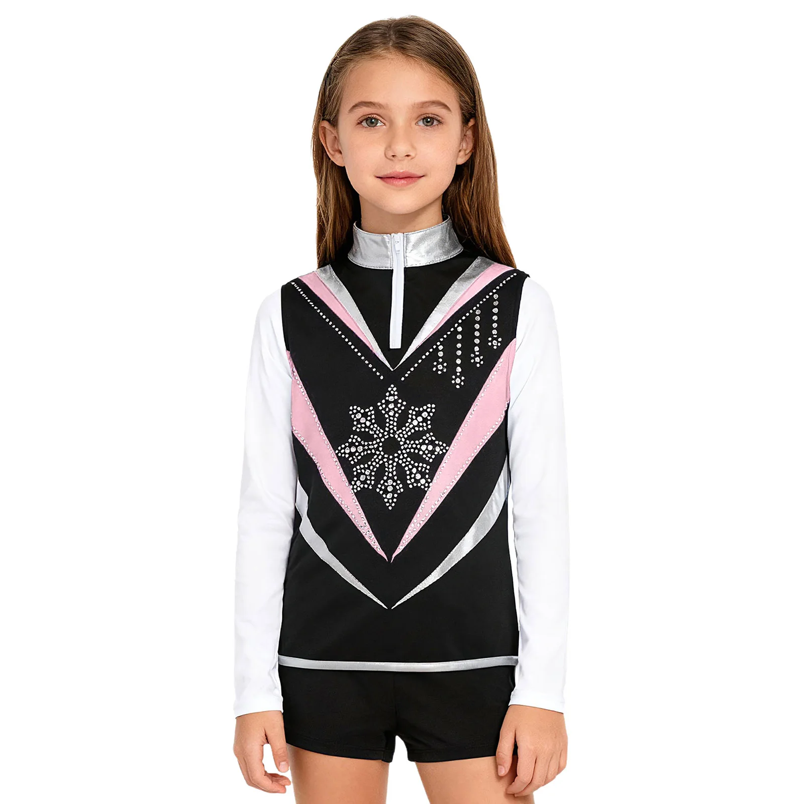 

Kids Girls Figure Skating Dance Top Fashion Snowflake Zip-Up Stand Collar Sleeveless Contrast Color Vest Training Practice Top