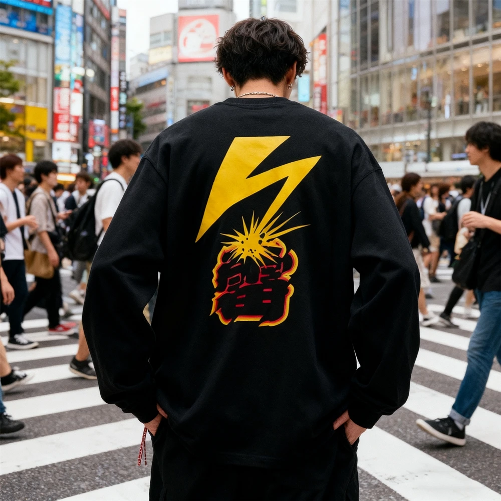 

KUCLUT 1:1 Fashion Japanese Style Best Quality Printed Tops Loose 100%Cotton Tee Oversize Long Sleeves T Shirt Men Woman