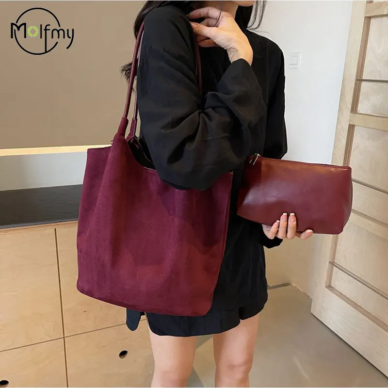 Tas wanita mewah desainer Vintage tas bahu Suede kapasitas besar tas jinjing komuter musim gugur musim dingin tas Tote Bolsos De Mujer