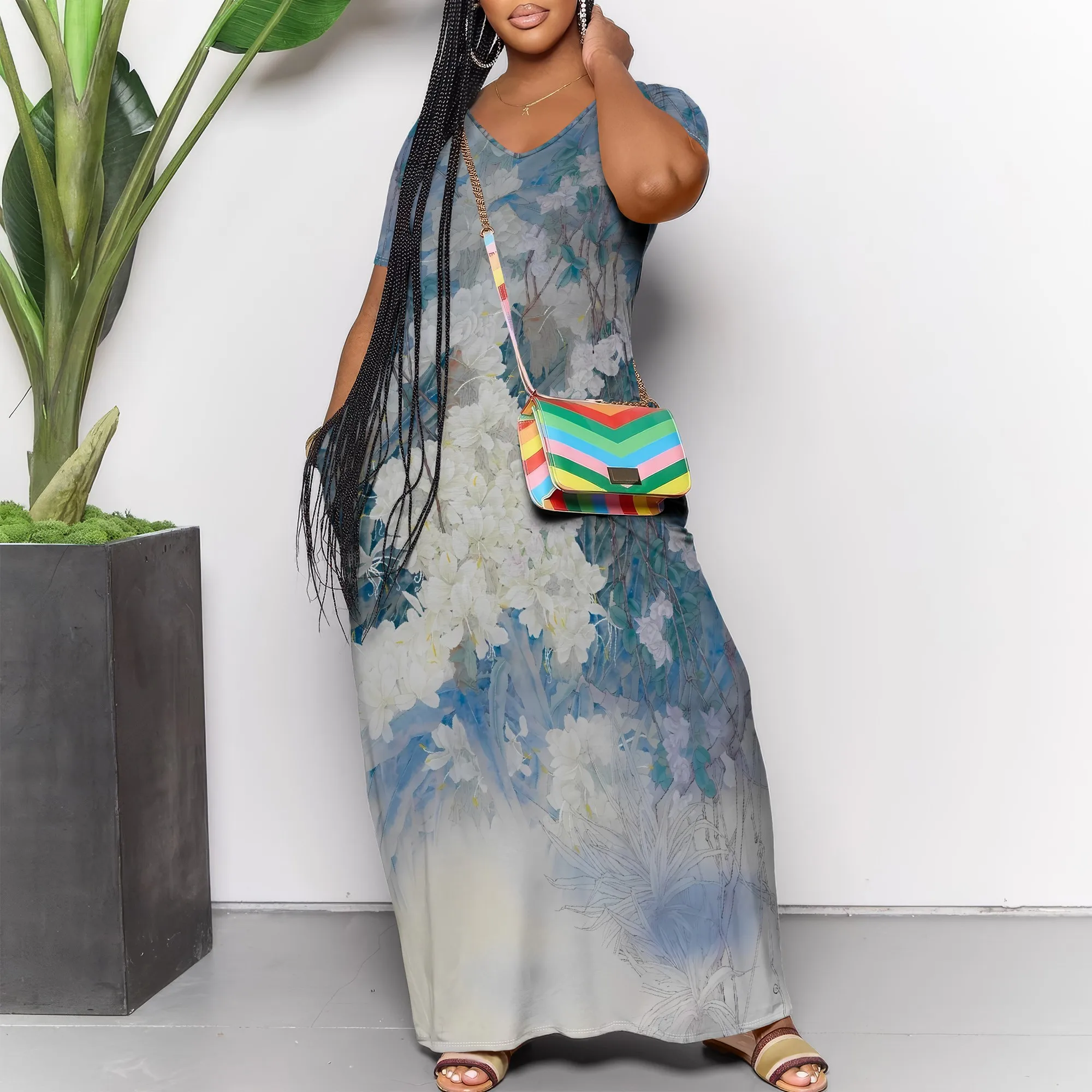 

Gradient Floral V-Neck Maxi Dress Elegant Boho Summer Vacation Dress