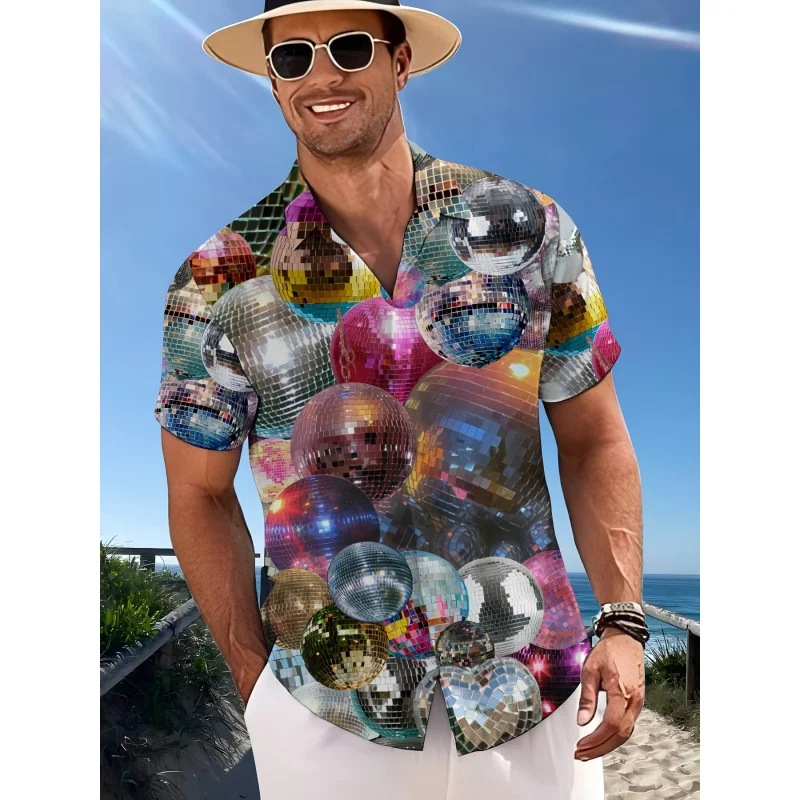 

Men's Retro Disco Ball 3D Print Hawaiian Shirt - Short Sleeve Button-Up, Vibrant Geometric Pattern, Lightweight Polyester, Summe