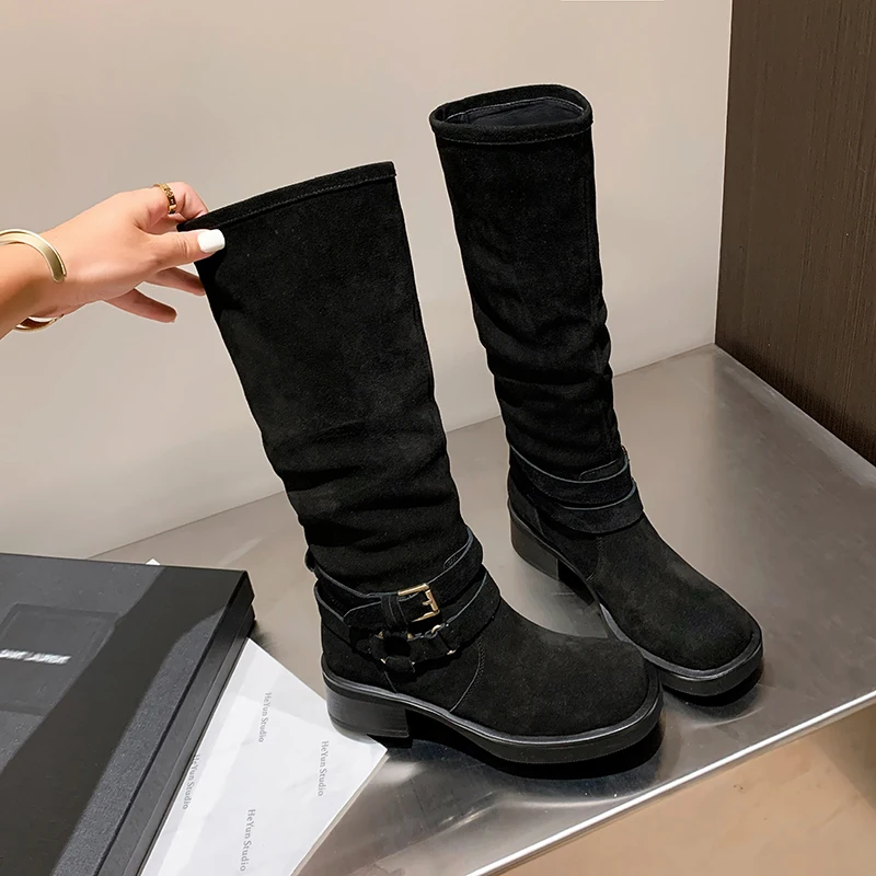 Stylish Women’s Knee High Cow Suede Boots with Mid Heels