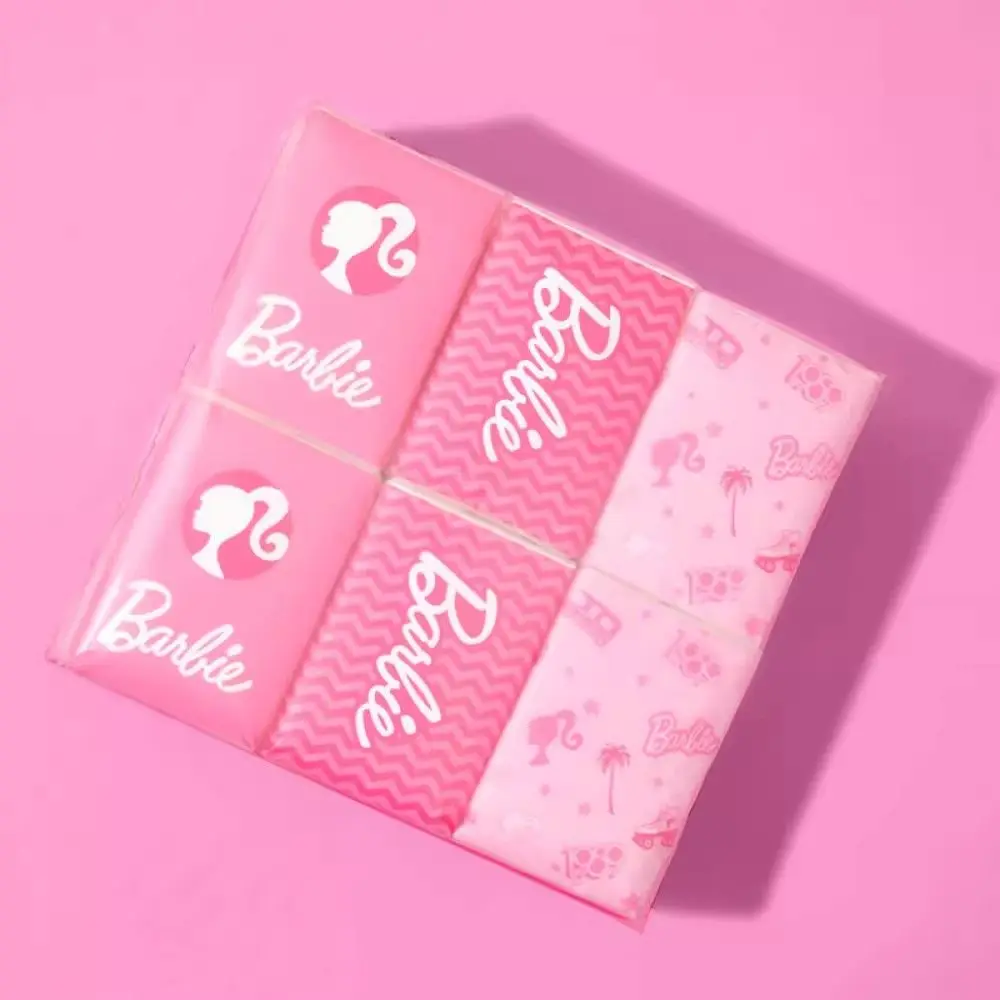 Miniso Barbie Travel Tissue Cartoon Pink Lightly Scented Thickened Paper Handkerchiefs Small Pack Portable Wet and Dry Napkins