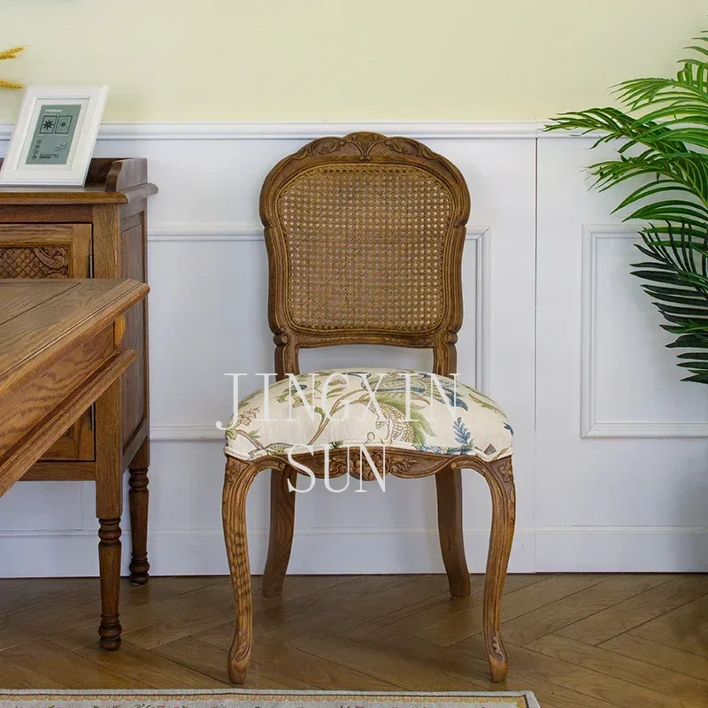 American country solid wood dining chair retro pastoral jacquard pattern fabric home with armrests leisure chair back chair
