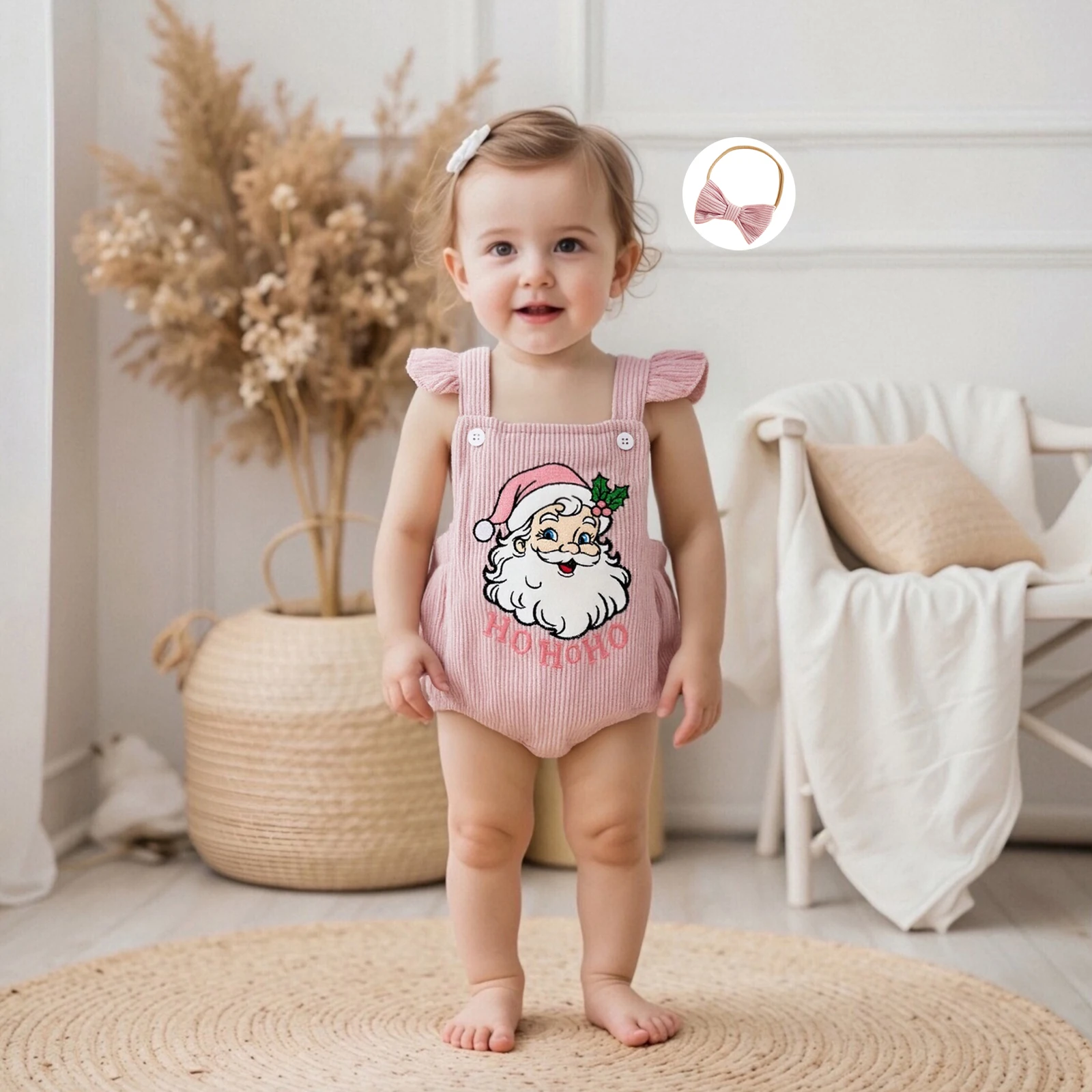 

Baby Girl Christmas Bodysuit Outfit Santa Letter Embroidery Flying Sleeve Corduroy Romper Bow Headband 2 Piece Set