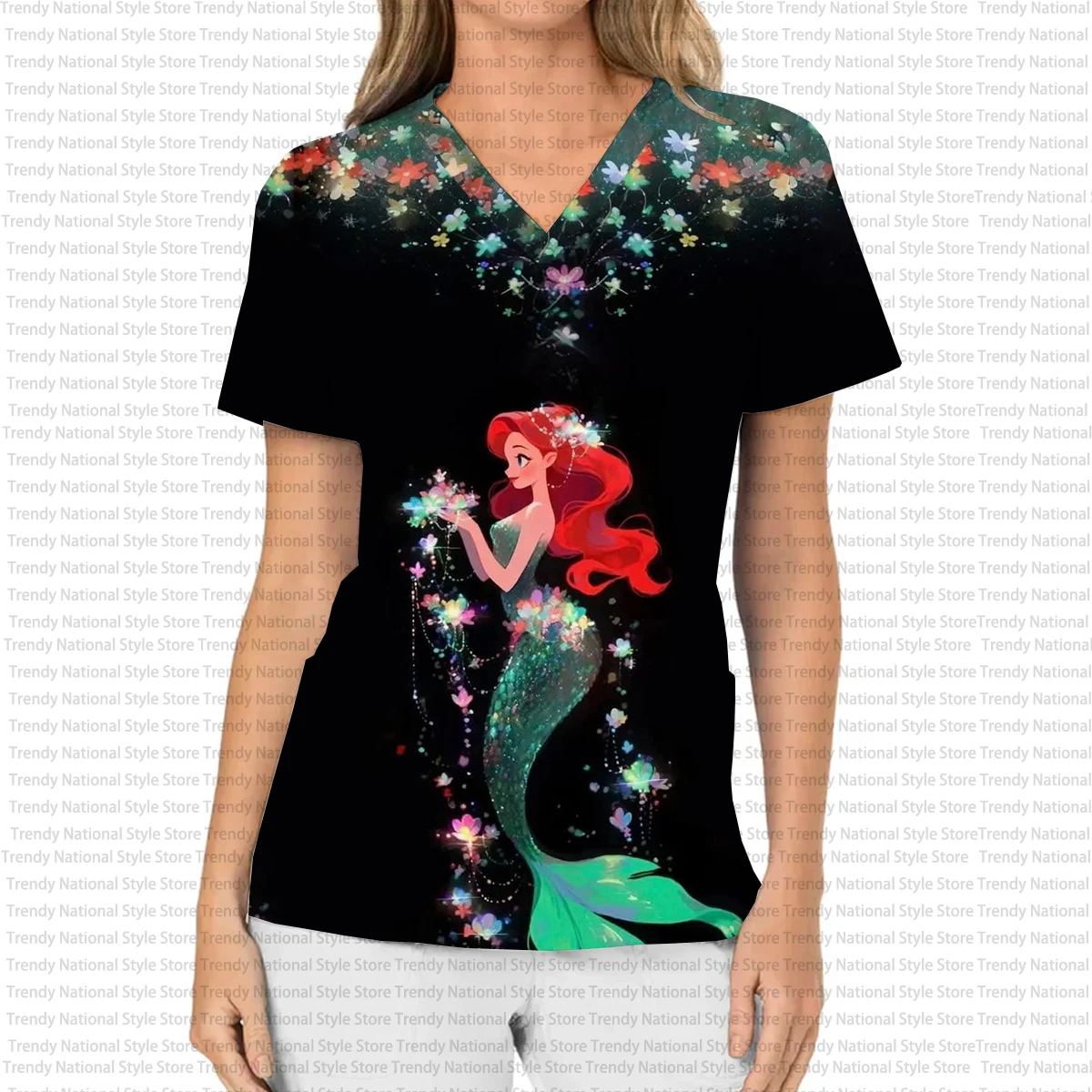 تي شيرت نسائي بلوري برقبة على شكل حرف V، هدية عيد الميلاد، طباعة أميرات ديزني دريم، عيادة أسنان عصرية/مستشفى/زي ممرضة