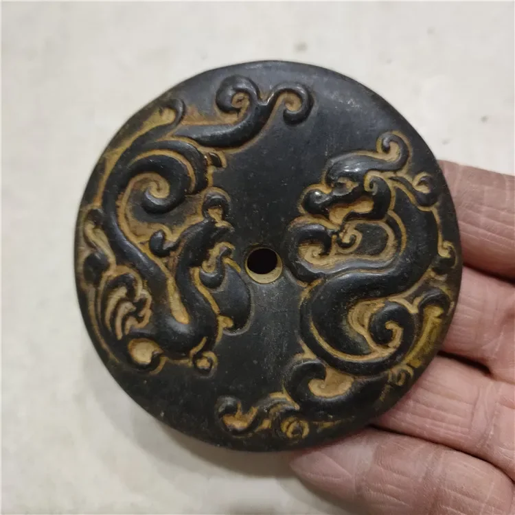 Hongshan Culture Archaize Black Iron Meteorite Dragon Phoenix Peace Buckle Statue