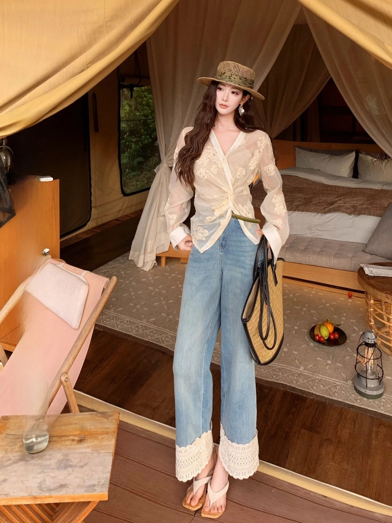 

New Dadada Unique Straight Leg Jeans Light Blue Lace Patchwork Women's Casual Cotton Blend Stretch Denim Spring Faion