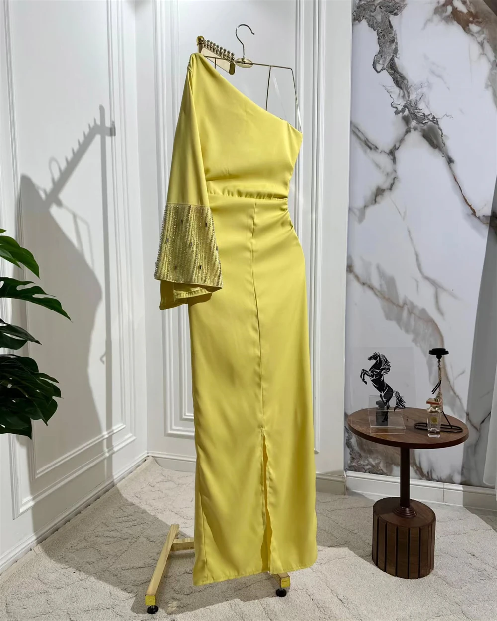 Customized Evening Dress Exquisite Jersey One Shoulder Long Sleeves Straight Floor Length Beading Ruched Special Occasion Gowns