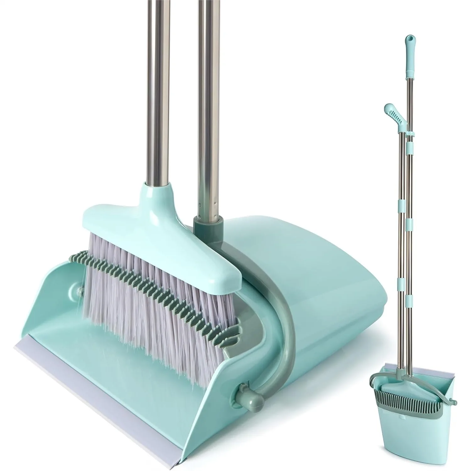 

Broom and Dustpan Set with Cleaning Teeth, 55" Long Handle Indoor Sweeping Combo for Home Office Kitchen, Bluish Green