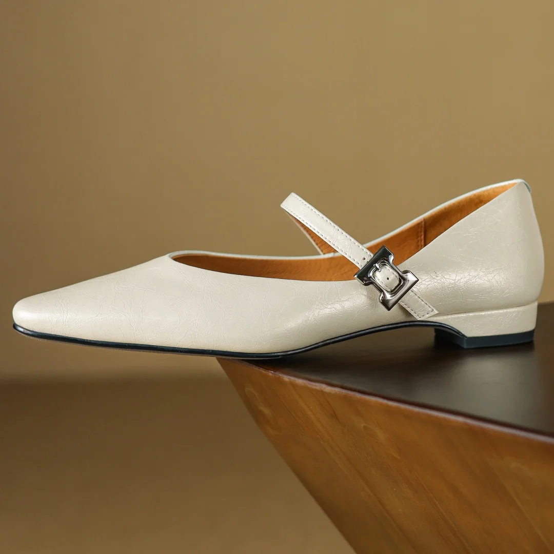 Women\'s genuine leather metal buckle pointed toe slip-o Mary Jane flats high quality soft comfortable 2cm kitten heel shoes sale