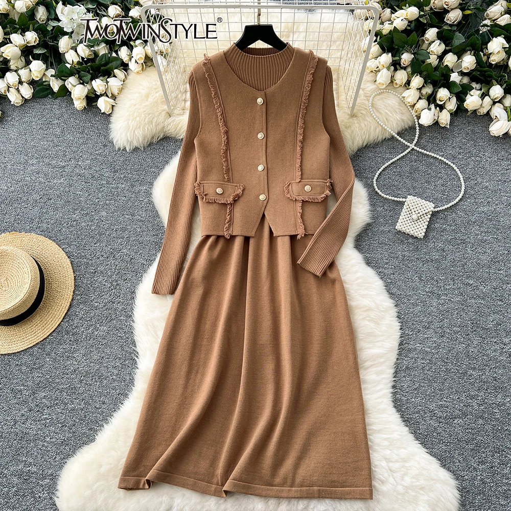 

TWOTWINSTYLE Solid Casual Two Piece Set For Women V Neck Waistcoat Long Sleeve High Waist Dress Minimalist Sets Female KSE517773