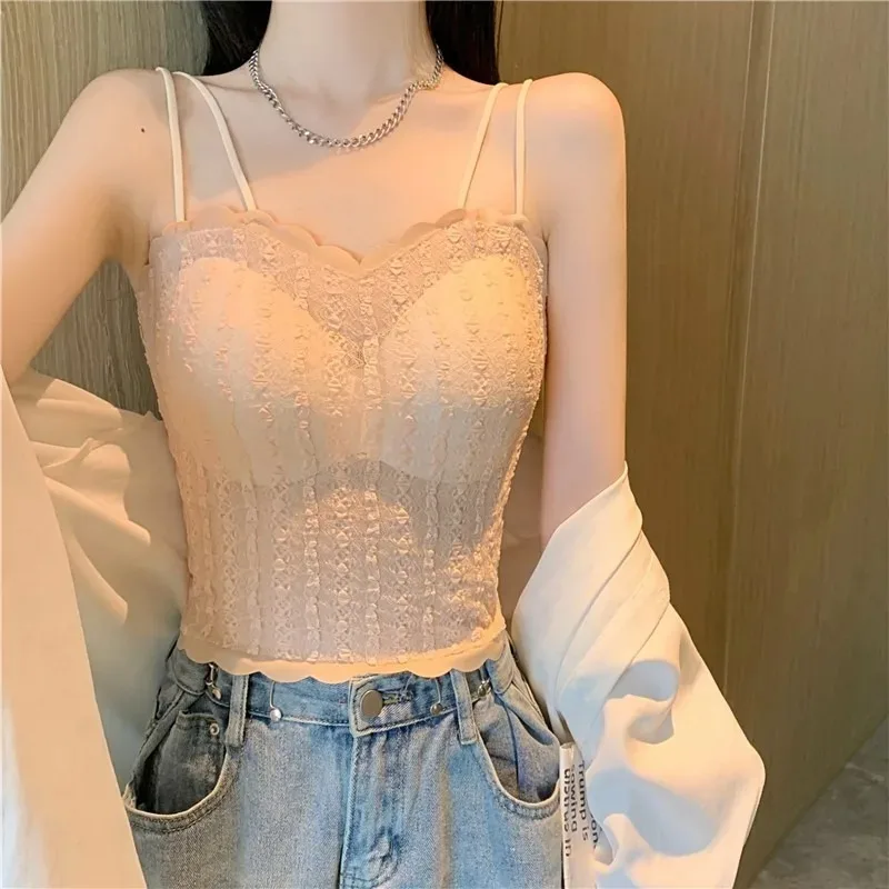 2026 Women Pleated Camisole with Chest Cushion 2025 Spring Summer Adjustable Sleeveless Tops Sexy Sweet Slim Elastic Camis