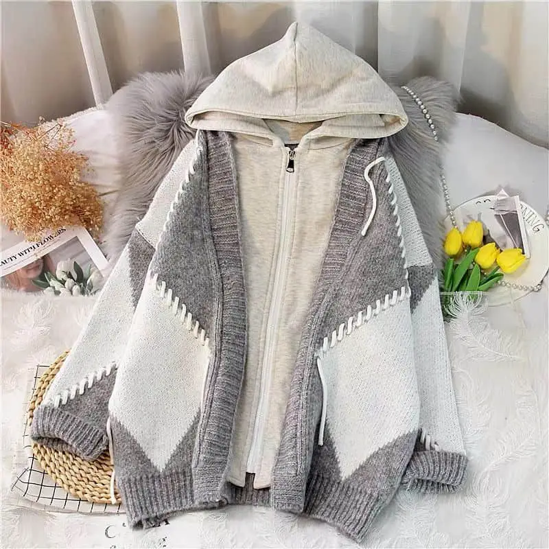 Fashion Sweaters Women Autumn Winter Trend Hooded Sweater Knit Cardigan Coat Thicken Multi Panel Zipper Hoodie Y2k Casual Tops