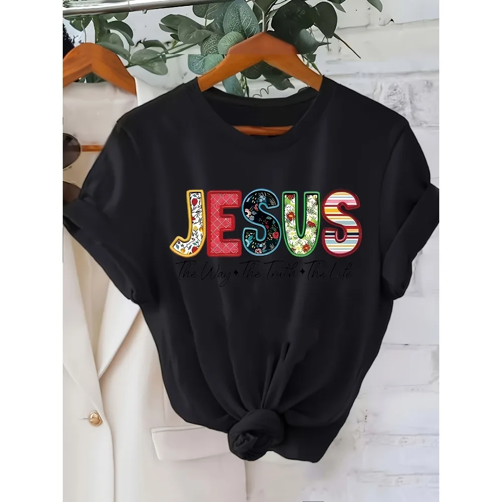 Women's Jesus Casual Crew neck T-shirt Women's Colorful Letter Print Jesus with The Way The Truth The Life Design Casual Trend