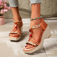 Fashion Flower Beaded Bohemian Wedge Sandalias De Mujer 2025 Summer Comfort Casual Open Toe Beach Shoes Feminina Zapatos Slides