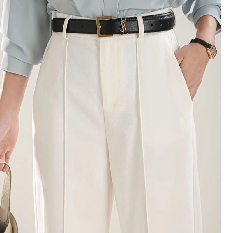 جديد ربيع وصيف 2025 سراويل عالية الخصر واسعة الساق للنساء بيضاء عالية الخصر مستقيمة فضفاضة بطول كامل سراويل نسائية