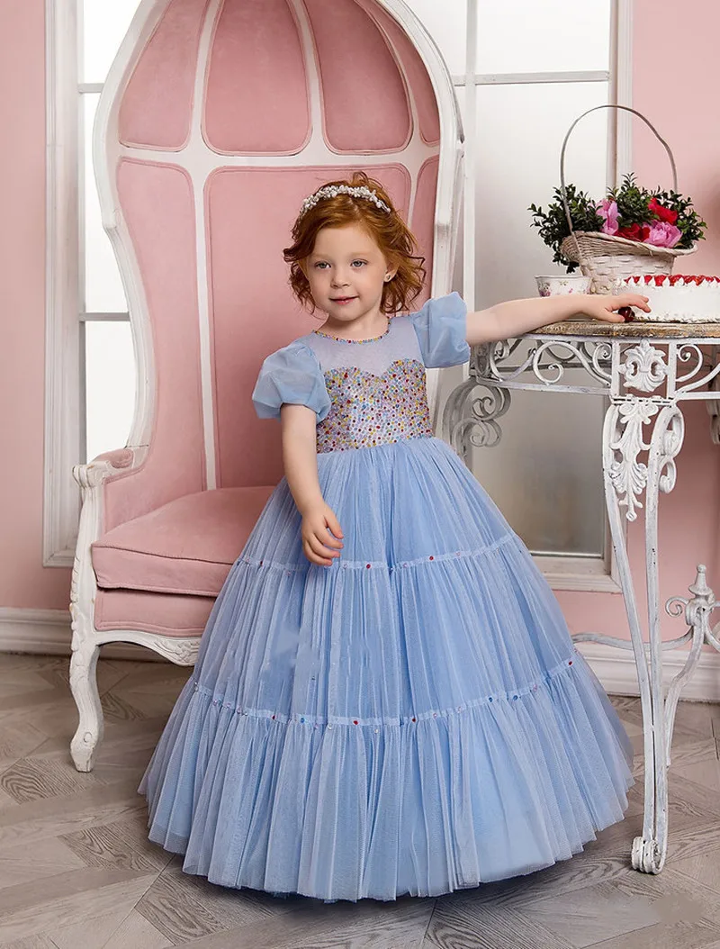 

Cute Blue Flower Girl Dress For Wedding Tulle Sequins Short Sleeves Applique Child's First Eucharistic Birthday Party Dress