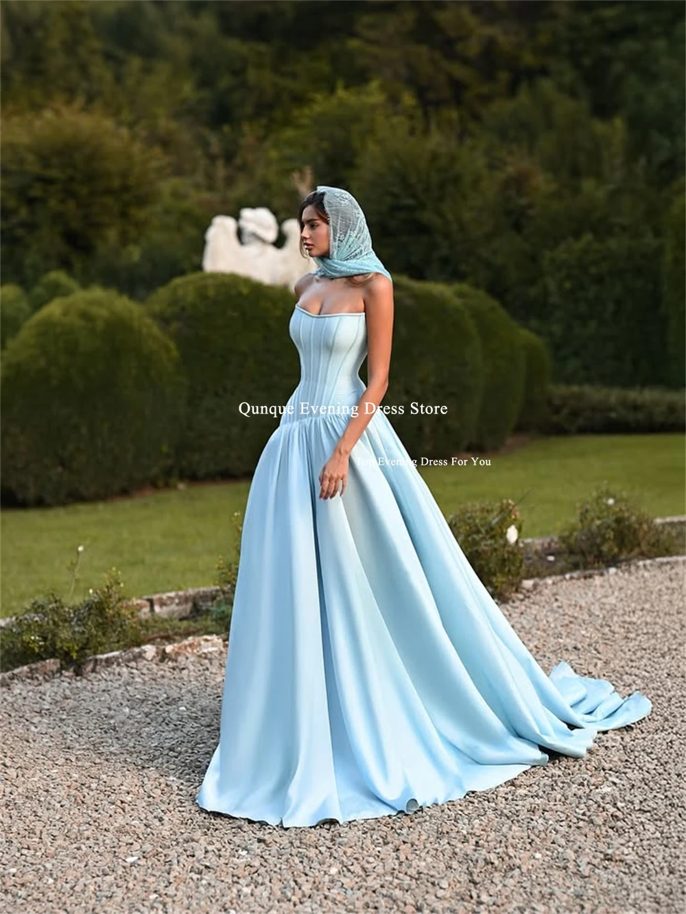 Qunque Himmelblaue, trägerlose, drapierte Ballkleider, A-Linie, ärmellos, Vestidos De Noiva, Satin, formelle lange Abendkleider, individuell gestaltet