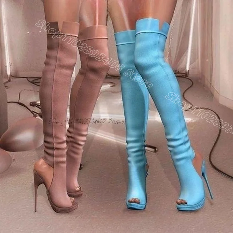 

Blue Slingback Over Knee Boots Peep Toe Stiletto Platform British Style Dress Party Spring Women Boots 2025 Zapatos Para Mujere