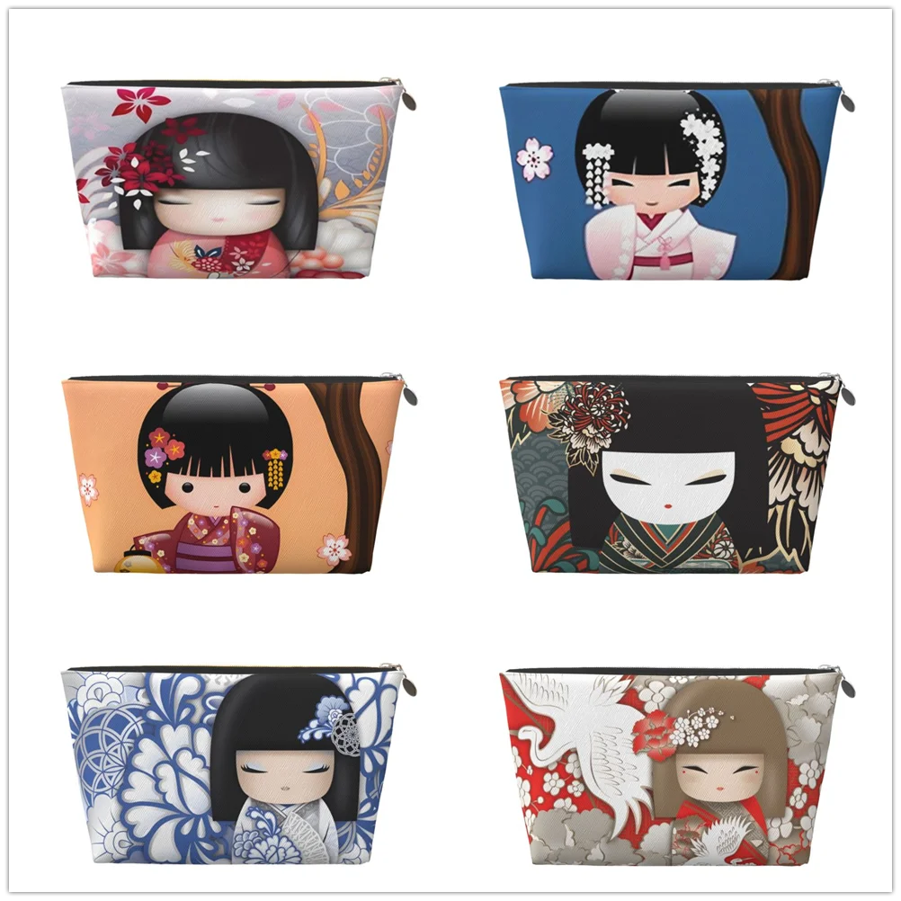 

Japanese Red Sakura Kokeshi Doll Leather travel Toiletry Bag Makeup Bag Ladies zipper large print storage suitable for traveling