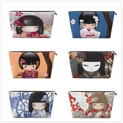 Sakura Kokeshi Doll Leather Travel Toiletry Bag para senhoras, saco de maquiagem, grande armazenamento de impressão, adequado para viajar, vermelho, japonês, zíper