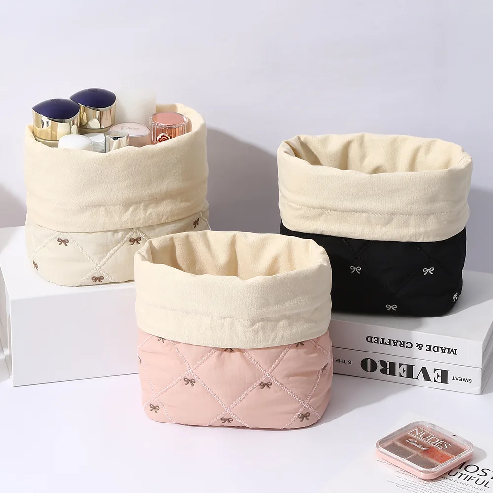 

Cotton Travel Makeup Bag Cosmetic Storage Bag Embroidered Bow Makeup Bag Versatile Drawstring Makeup Pouch For Beauty