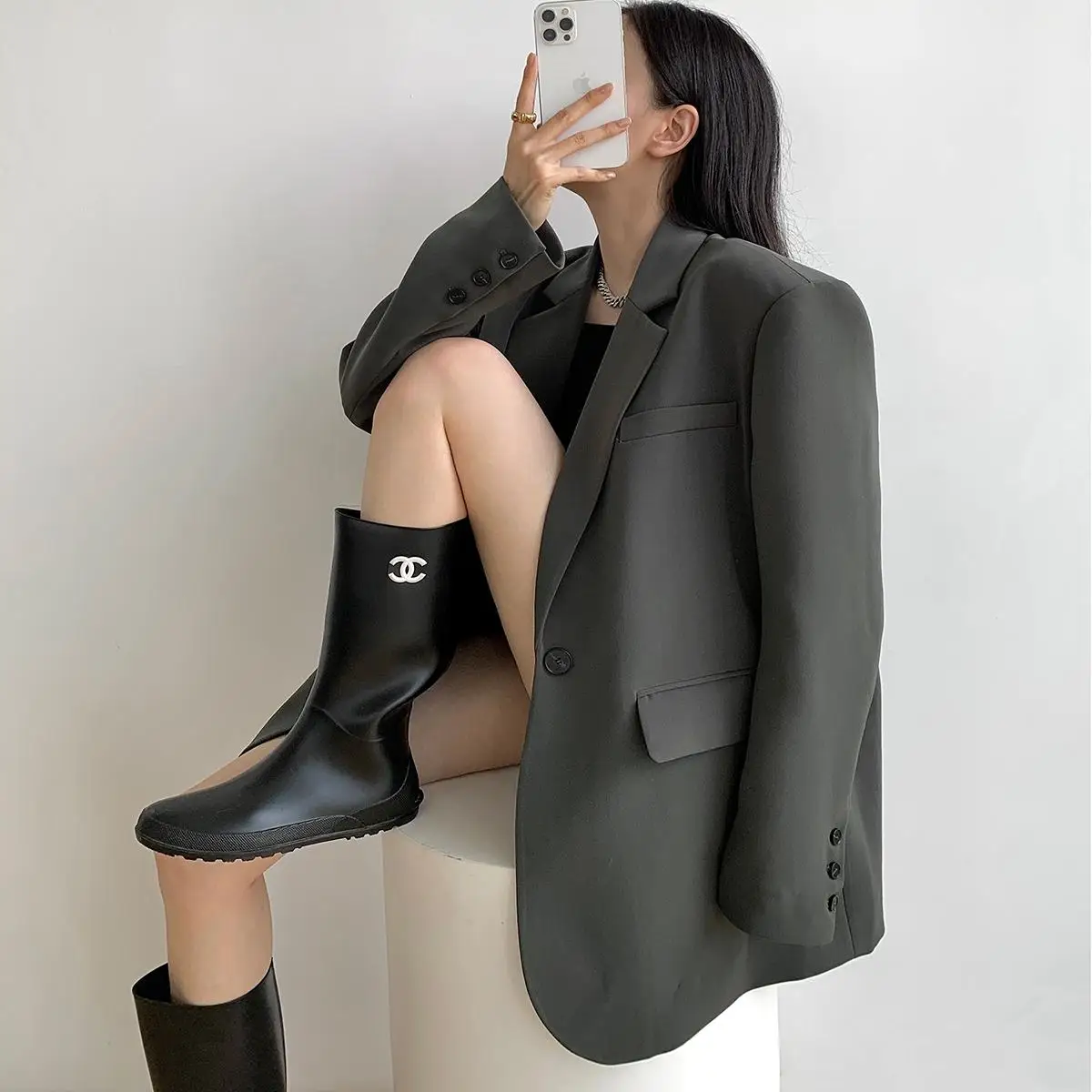 

ZhouMiao Spring New Sle Women's Casual Bla Small Suit Jaet Mid-Length Polyester Pure Color Faion Design
