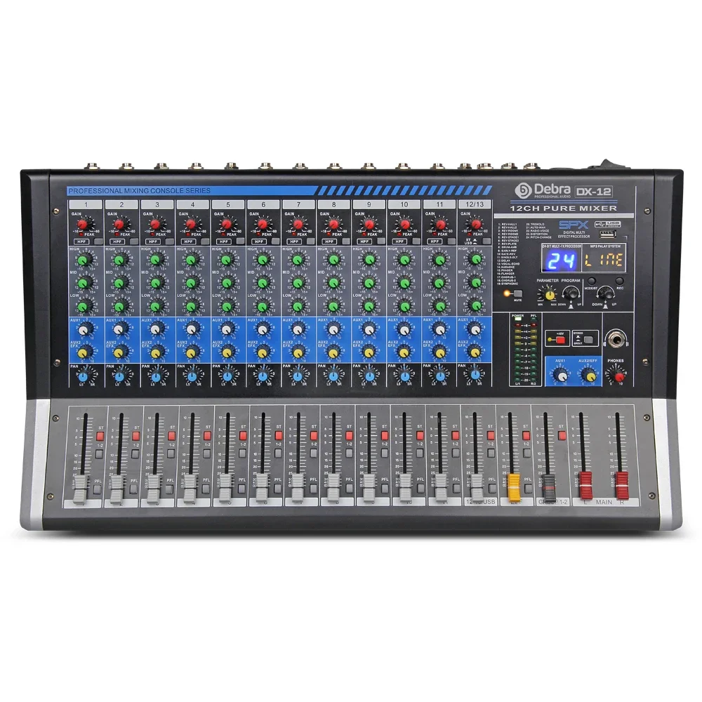 

Debra Audio DX-12 12-Channel Mini Amplifier Professional DJ Mixing Console Soundcard for Stage Singing & Karaoke 24Dsp REVERB
