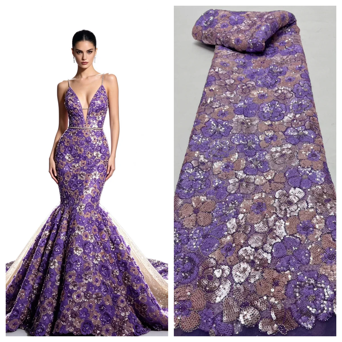 New Design 3D Beaded Tassel Lace Fabric High Quality Beaded Sequins Lace Fabric 5Yards Tulle Mesh Lace For Wedding Dress