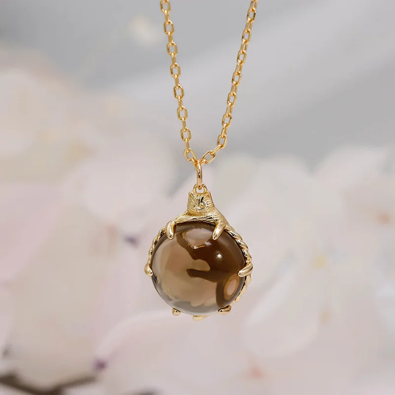

Vintage Necklace Women Accessories Natural Smoky Quartz Gemstone 925 Sterling Silver Gold Plated Cute Cat Chain NI183