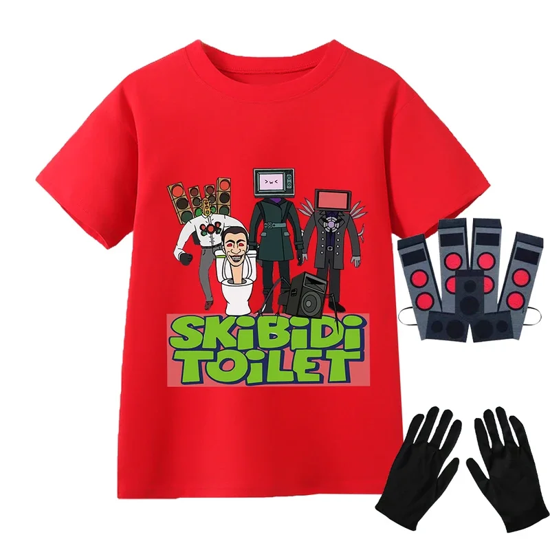 Skibidi toilet t shirt 3PCs set kids cameraman speaker man T-shirt boys casual clothing girls short sleeve tops mask gloves set