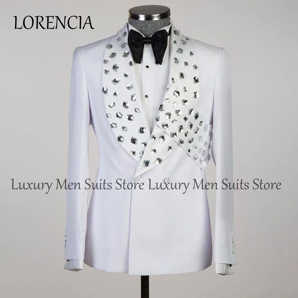 

Embellished Men Suits Beads Groom Wedding Tuxedos Peaked Lapel 2 Pieces Sets Male Prom Blazer Double Breasted Groom Tuxedos