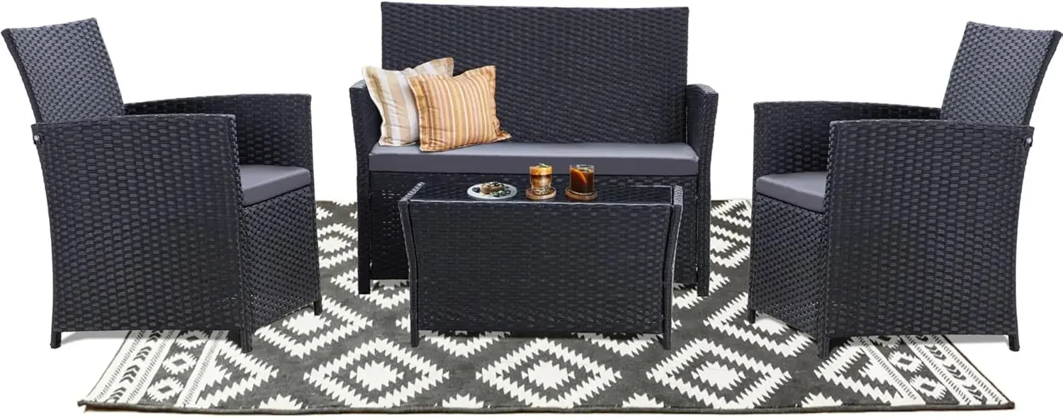 Set da giardino in vimini da 4 pezzi, divano componibile in rattan, tavolo in vetro, cuscino spesso, nero/grigio